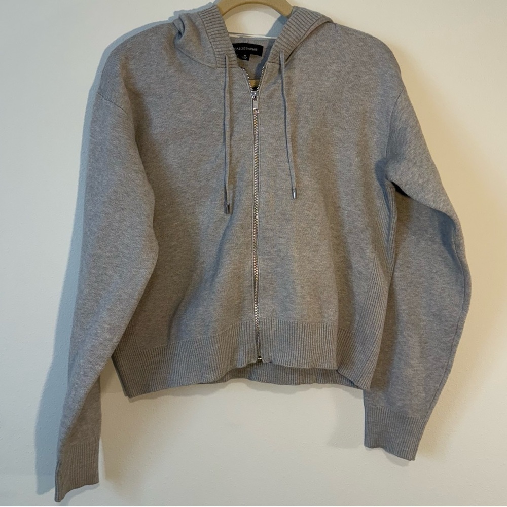 Grey Zip Up Crop Caligraphie Sweater with Hood